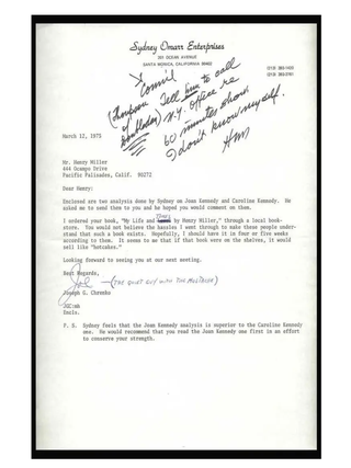 SMALL ARCHIVE OF 6 TYPED LETTER FROM SYDNEY OMARR TO HENRY MILLER, 1965 -1977 from Miller's great friend and Americas most popular astrologer, Sydney Omarr - 1 from Joseph Chenko [for Omarr]
