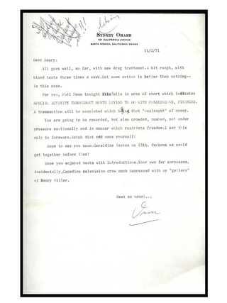 SMALL ARCHIVE OF 6 TYPED LETTER FROM SYDNEY OMARR TO HENRY MILLER, 1965 -1977 from Miller's great friend and Americas most popular astrologer, Sydney Omarr - 1 from Joseph Chenko [for Omarr]