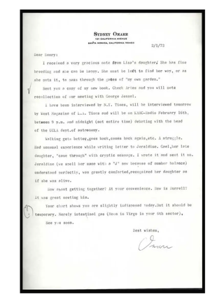 SMALL ARCHIVE OF 6 TYPED LETTER FROM SYDNEY OMARR TO HENRY MILLER, 1965 -1977 from Miller's great friend and Americas most popular astrologer, Sydney Omarr - 1 from Joseph Chenko [for Omarr]