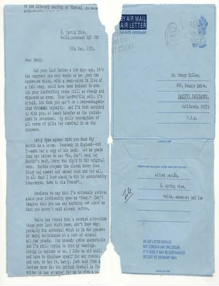 Item #34378 TYPED BLUE AIRMAIL LETTER FROM ALFRED PERLES, Alfred Perl&egrave;s, Henry Miller