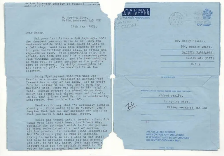 Item #34378 TYPED BLUE AIRMAIL LETTER FROM ALFRED PERLES, Alfred Perlès, Henry Miller