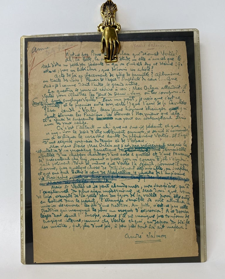 Item #34423 Marcel Vertès. Manuscript handwritten by André Salmon. André Salmon